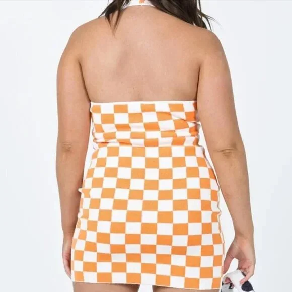Women's XS/S Princess Polly Orange Checkmate Print Halter Bodycon Knit Mini - Picture 2 of 8